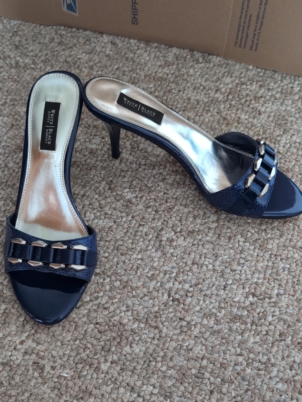 White House Black Market Navy Patent Leather Slide Heels with Silver Detail